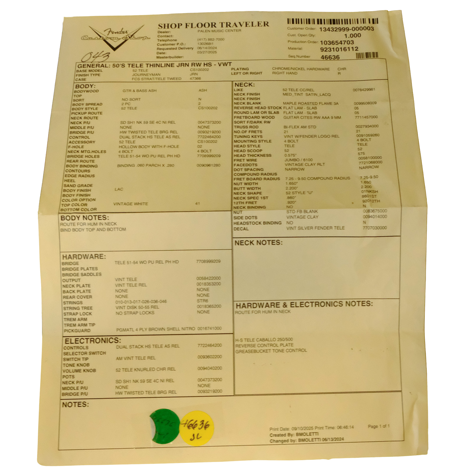 Fender Custom Shop '50s Telecaster Thinline - Vintage White