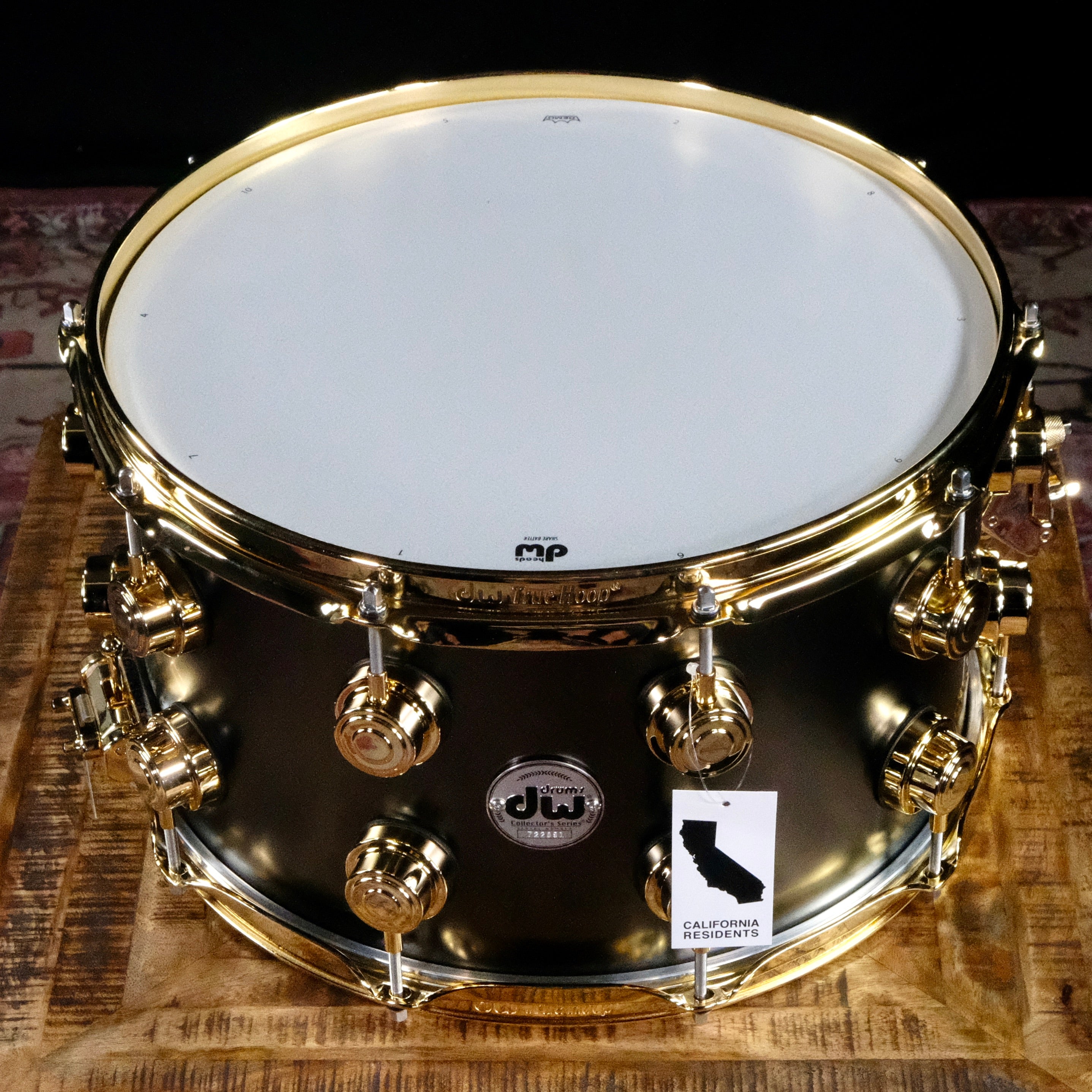 DW Collector's Series Metal Snare Drum - 8-inch x 14-inch - Satin Black Over Brass - Gold Hardware - Palen Music