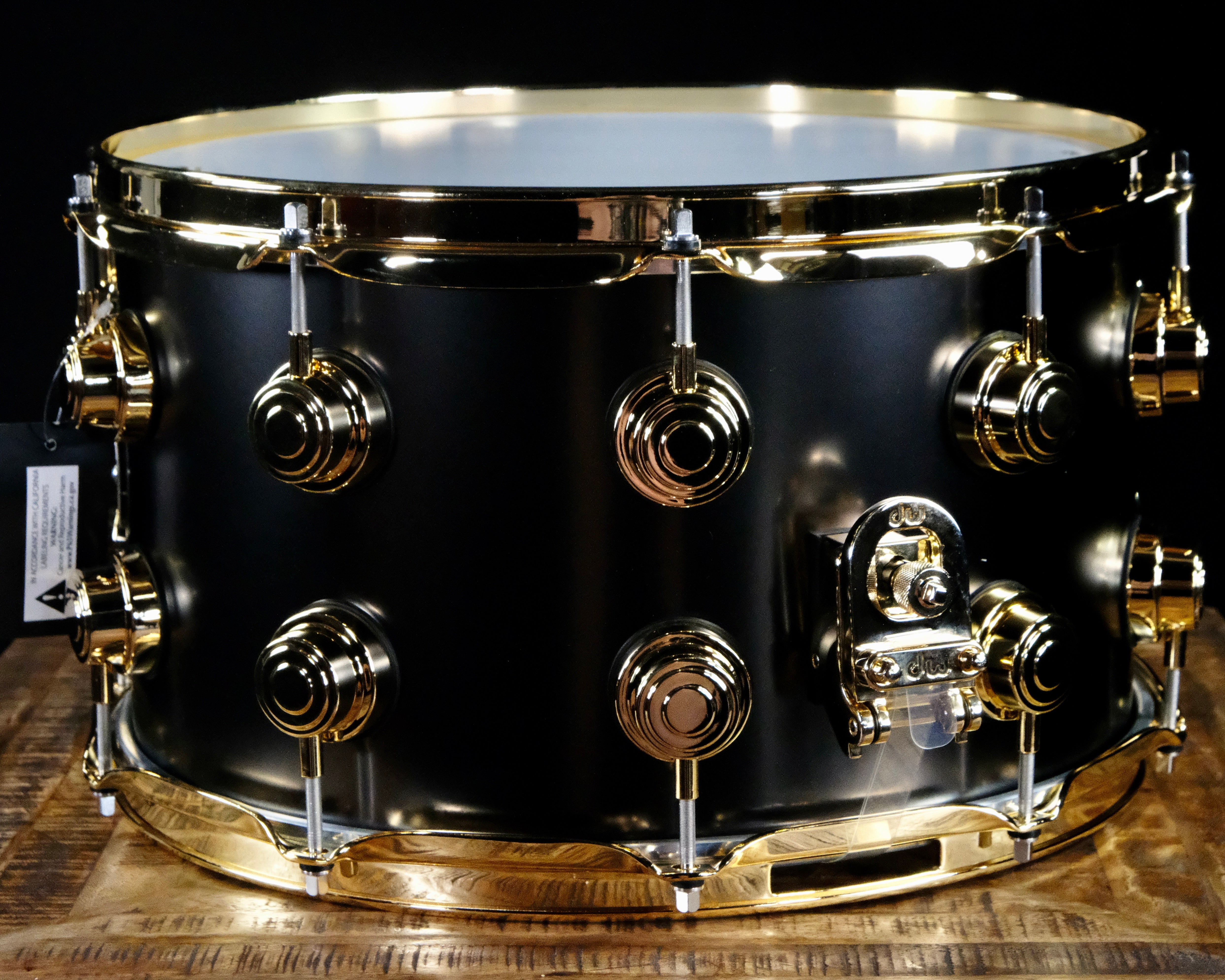 DW Collector's Series Metal Snare Drum - 8-inch x 14-inch - Satin Black Over Brass - Gold Hardware - Palen Music