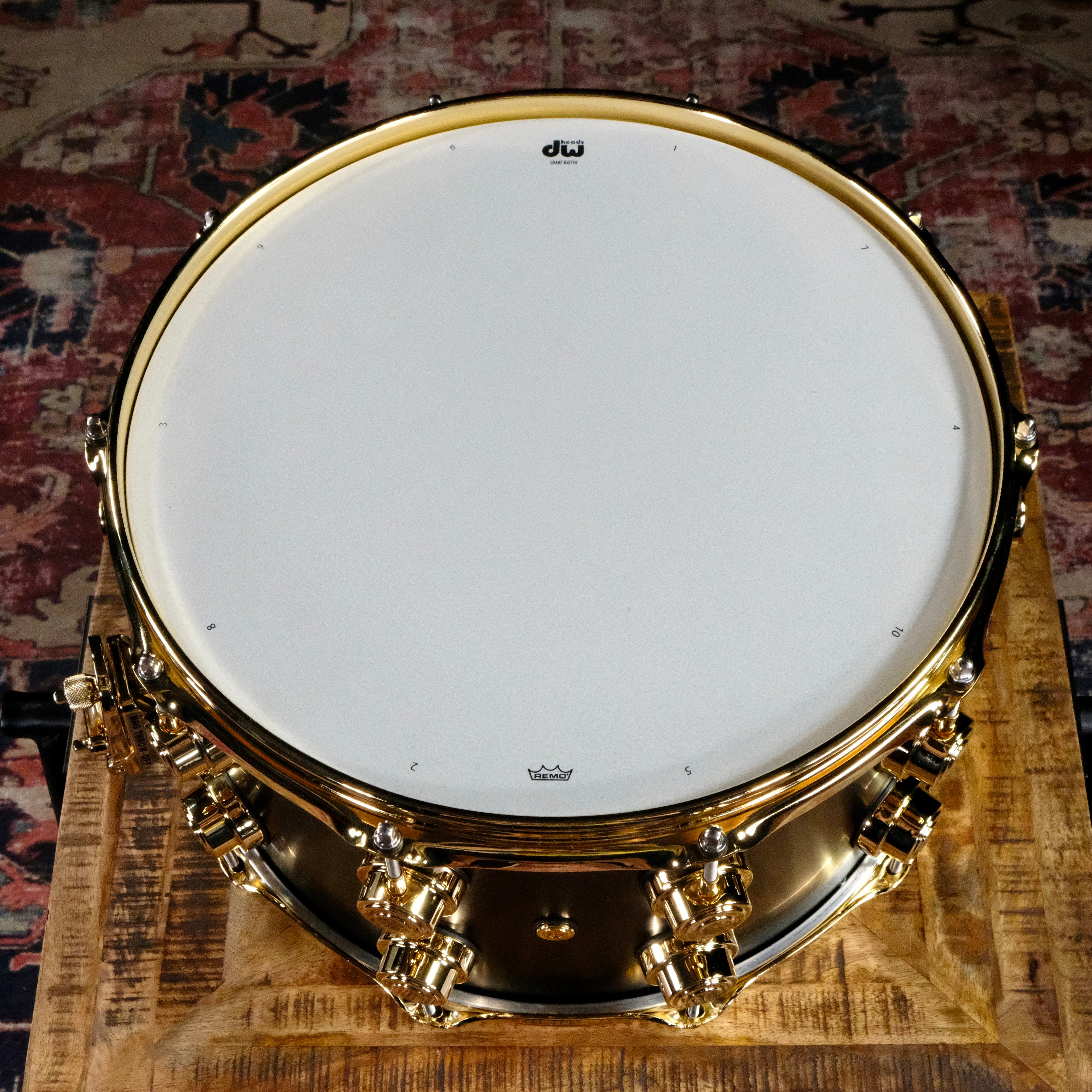 DW Collector's Series Metal Snare Drum - 8-inch x 14-inch - Satin Black Over Brass - Gold Hardware - Palen Music