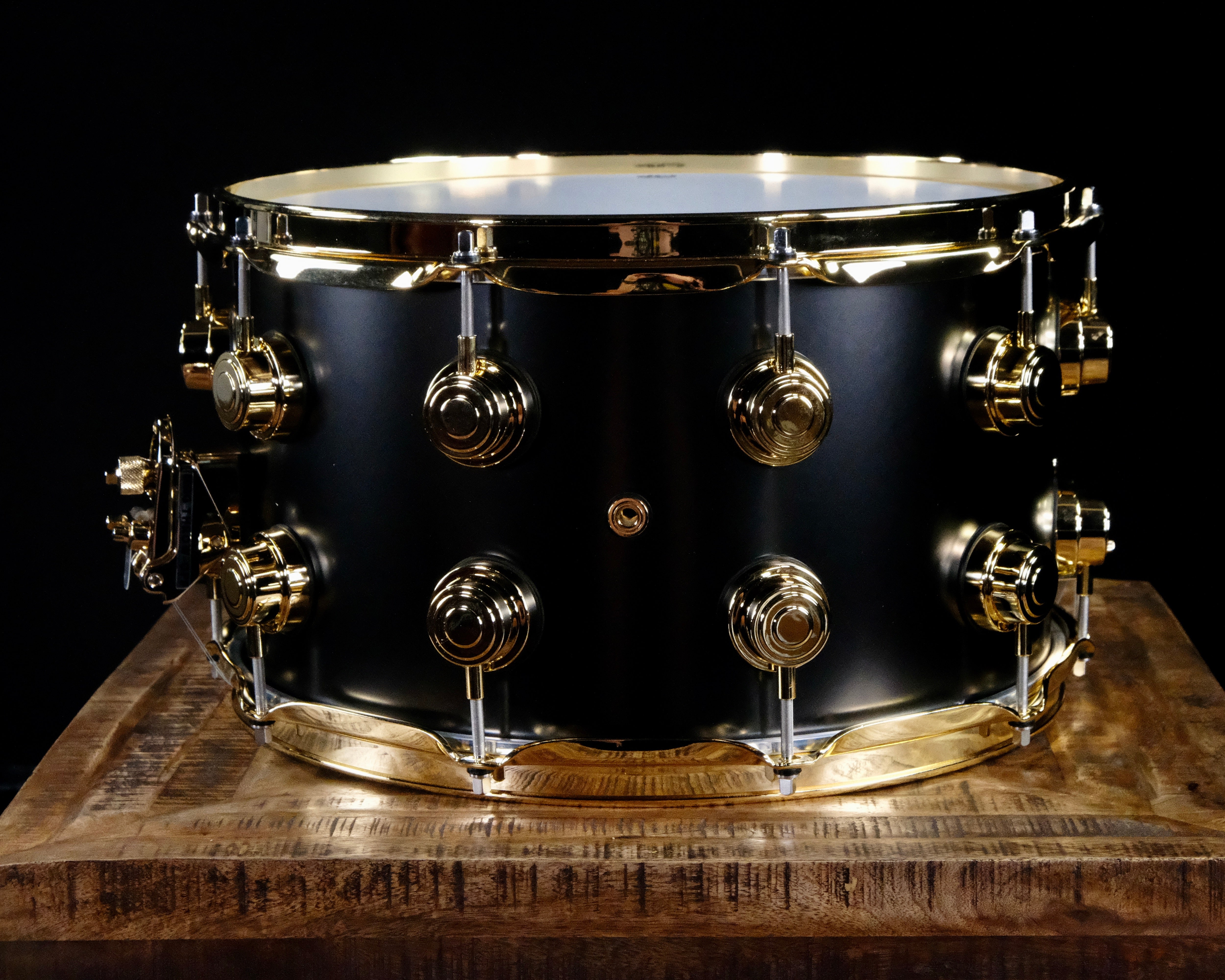 DW Collector's Series Metal Snare Drum - 8-inch x 14-inch - Satin Black Over Brass - Gold Hardware - Palen Music