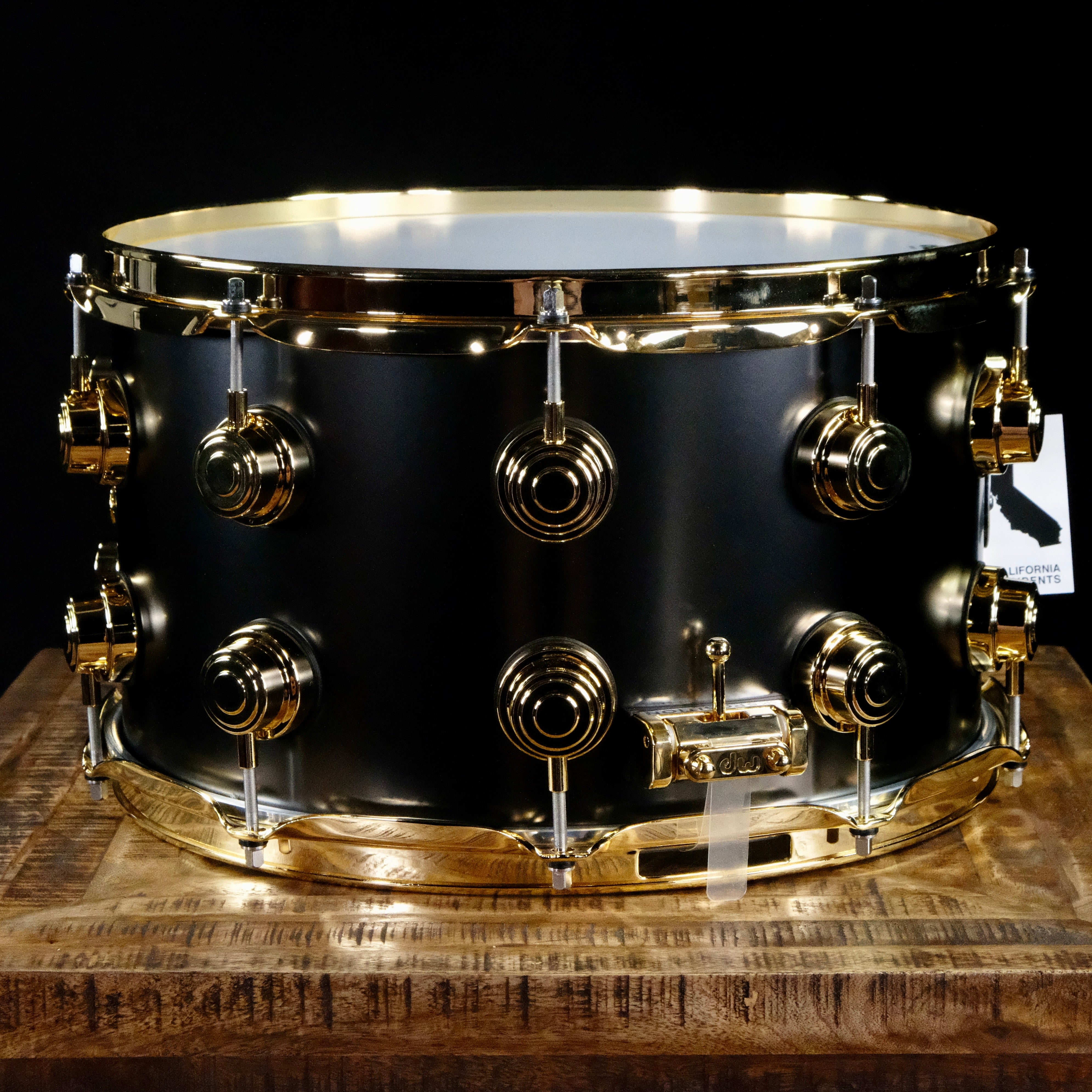 DW Collector's Series Metal Snare Drum - 8-inch x 14-inch - Satin Black Over Brass - Gold Hardware - Palen Music
