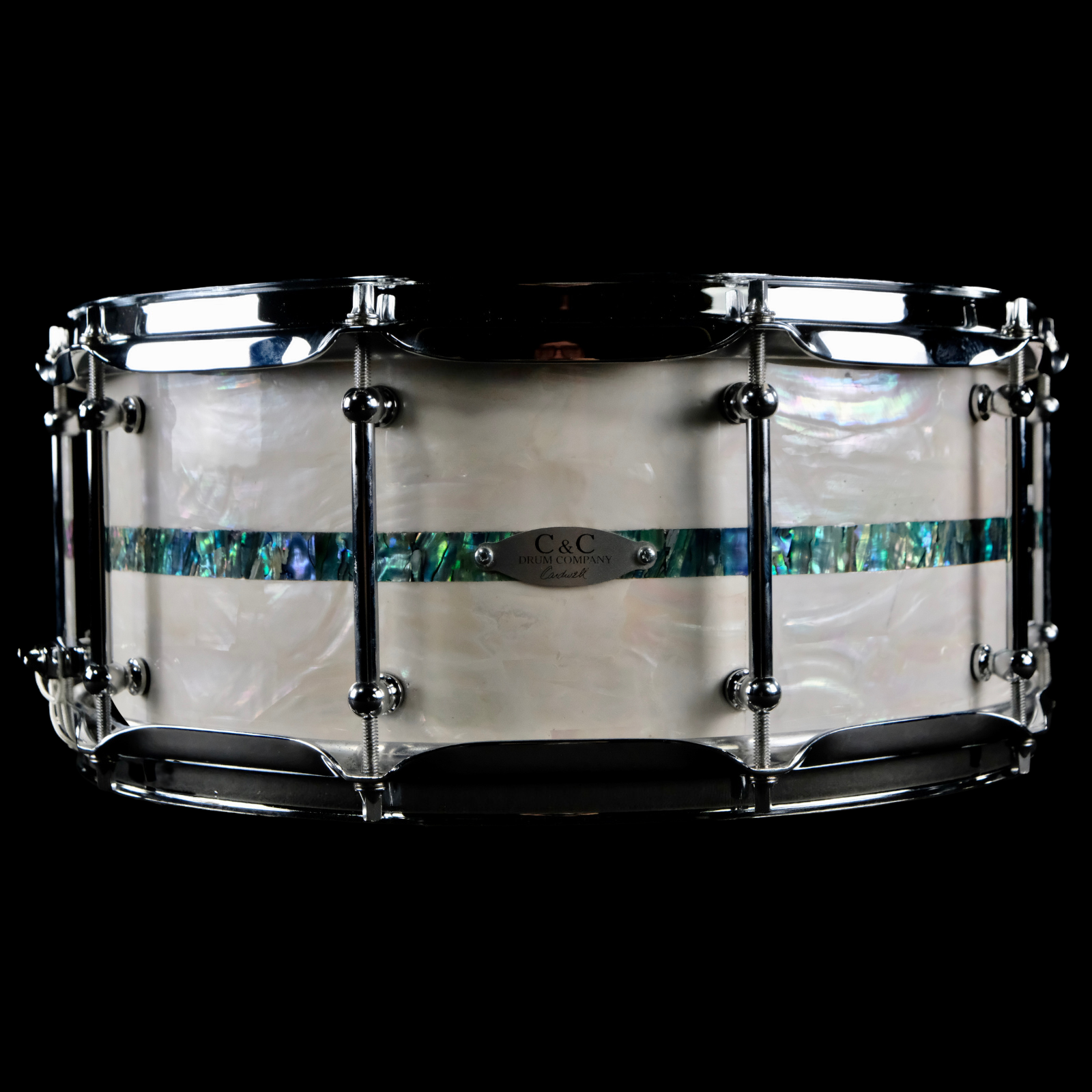 C&C Drum Co Gladstone Maple Snare Drum - White Donkey Ear Abalone with Black Pua Inlay - Palen Music