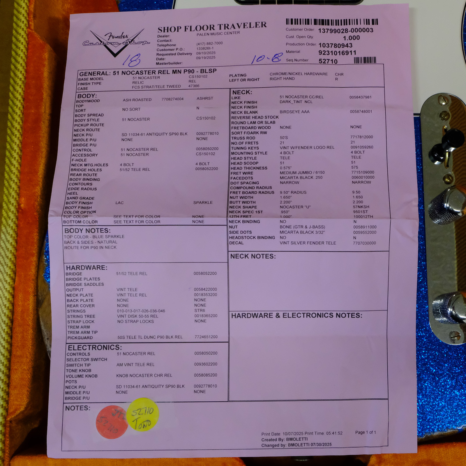 Fender Custom Shop '51 Nocaster Relic - Blue Sparkle