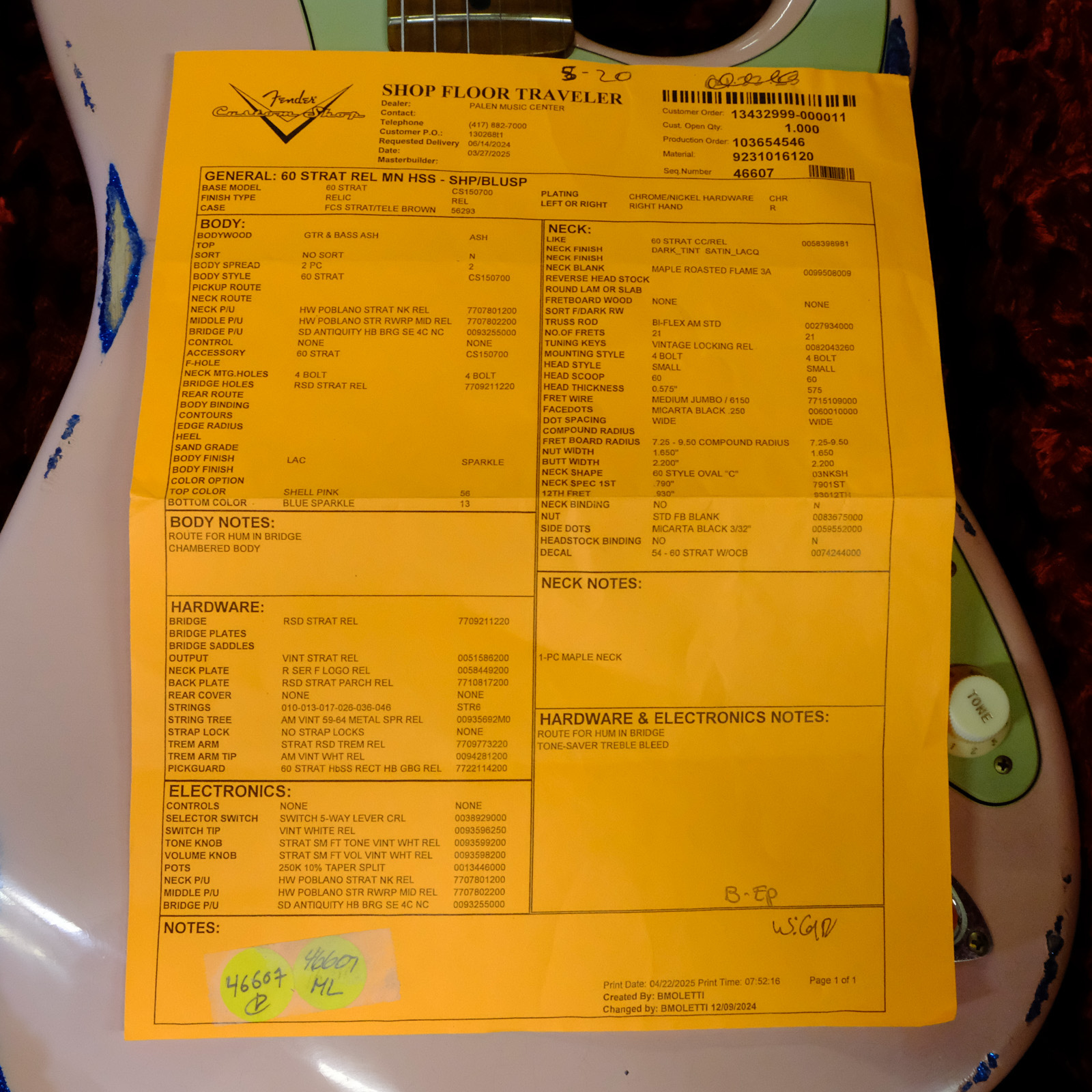 Fender Custom Shop '60 Strat Relic HSS - Shell Pink over Blue Sparkle