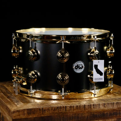 DW Collector's Series Metal Snare Drum - 8-inch x 14-inch - Satin Black Over Brass - Gold Hardware - Palen Music