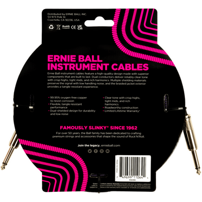 Ernie Ball 18' Braided Right Angle 1/4" Instrument Cable (Purple Black) - Palen Music